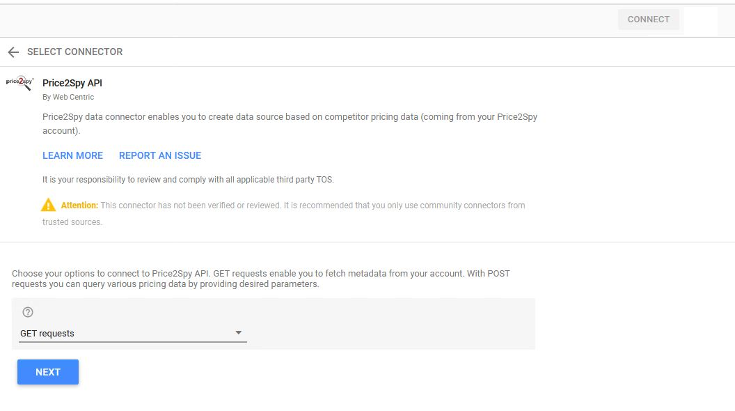 Google Data Studio – connecting with Price2Spy API