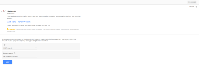 Google Data Studio – connecting with Price2Spy API