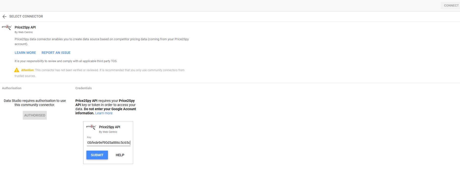 Google Data Studio – connecting with Price2Spy API