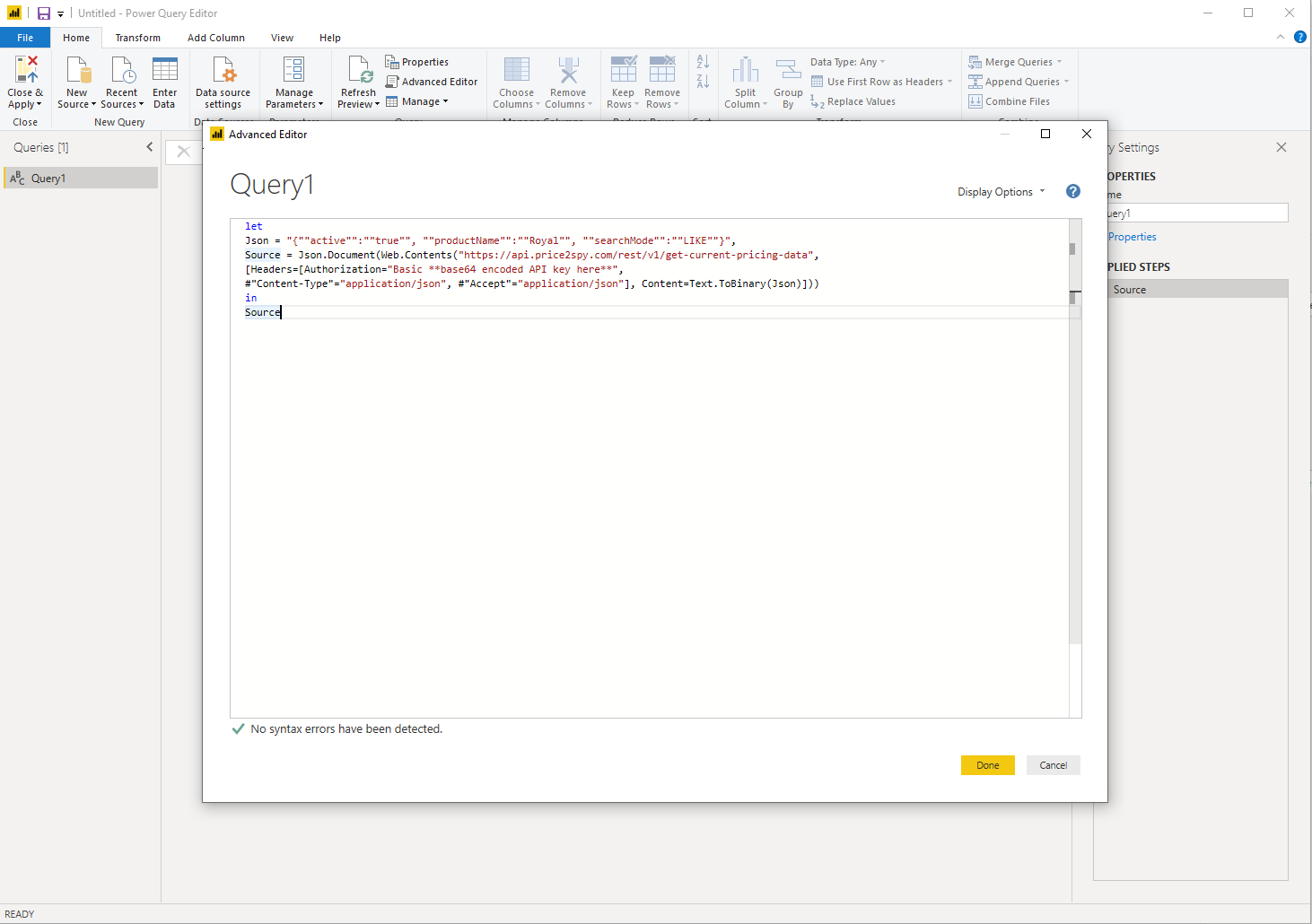 Microsoft Power BI – connecting with Price2Spy API